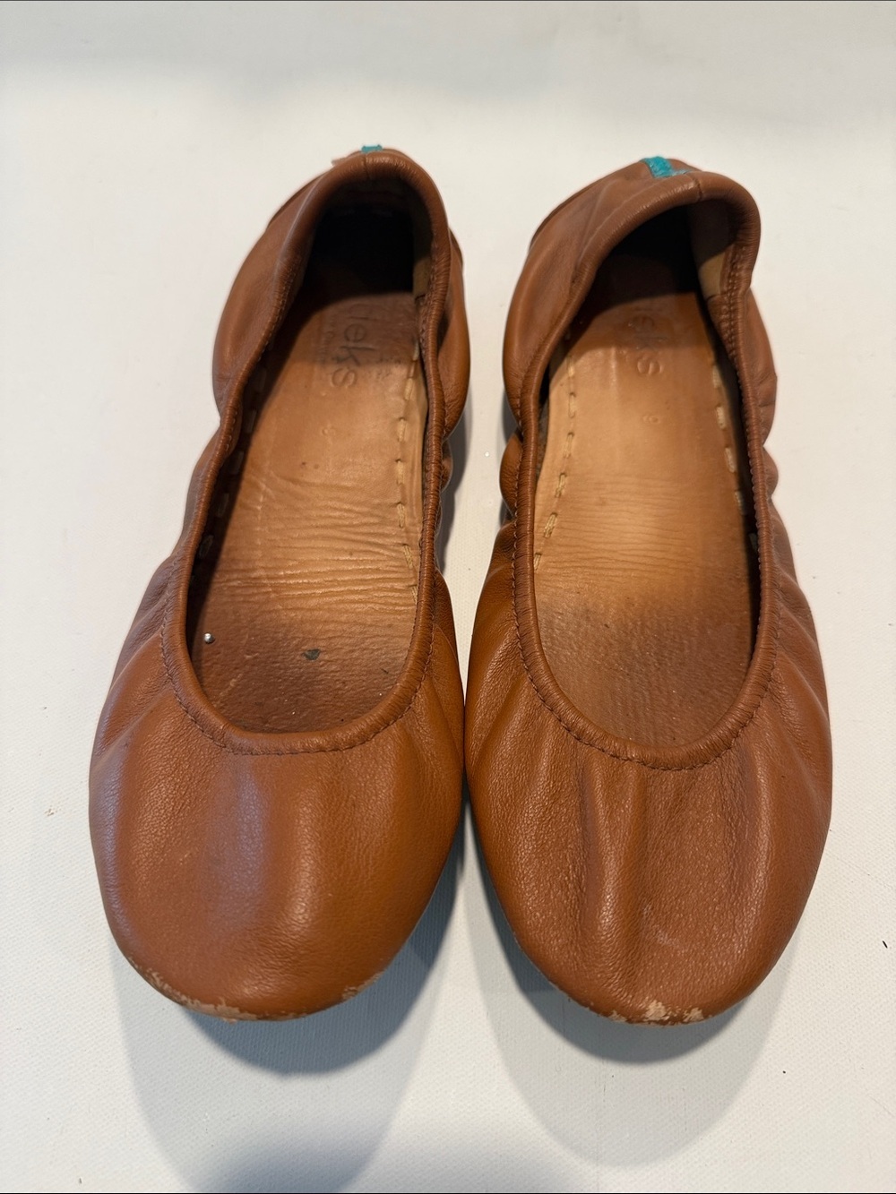 Tieks Brown Leather Foldable Ballet Flats with Teal Heel Tab